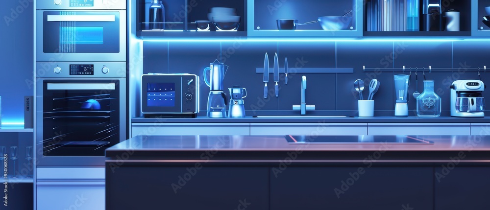 A modern kitchen with sleek appliances and blue lighting, perfect for cooking and culinary creativity. A modern kitchen with sleek appliances and blue lighting, perfect for cooking and culinary creativity.