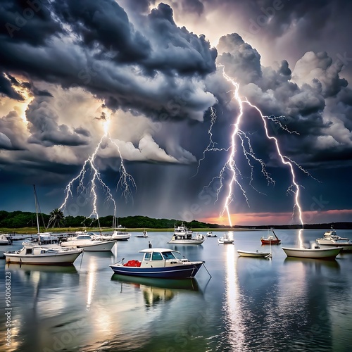 Dramatic rainstorm and lighting bombard the lake at golden hour
