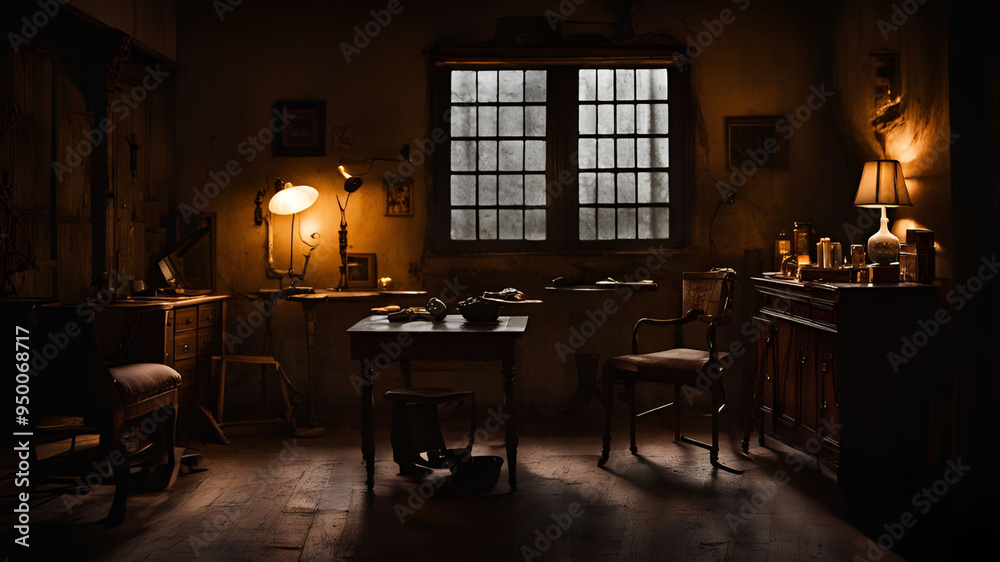 A dimly lit, antique-filled room with a desk, chairs, and numerous framed photographs.
A dimly lit, antique-filled room with a desk, chairs, and numerous framed photographs.