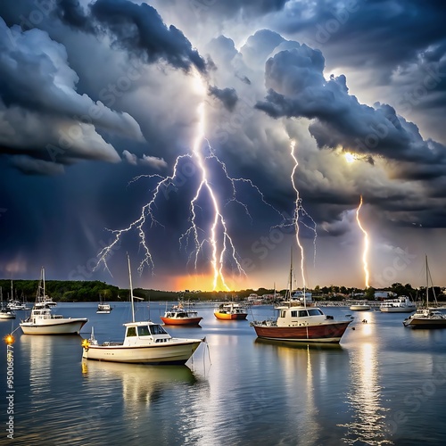 Dramatic rainstorm and lighting bombard the lake at golden hour