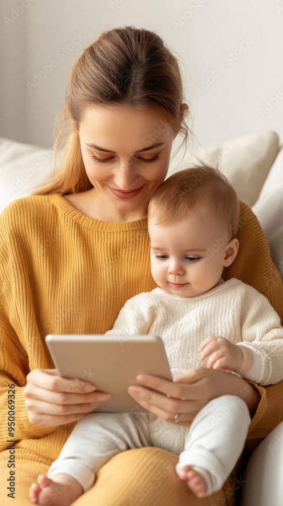 A young mother holding her baby while using a tablet for a virtual pediatric consultation, with a soft and nurturing home setting A young mother holding her baby while using a tablet for a virtual pediatric consultation, with a soft and nurturing home setting