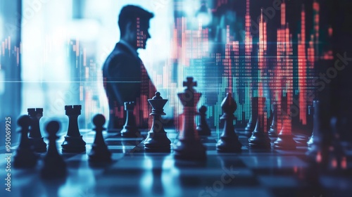 Wallpaper Mural Strategic investment concept featuring a businessman, chess pieces, and financial data graphs, representing the complexities of the market. Torontodigital.ca