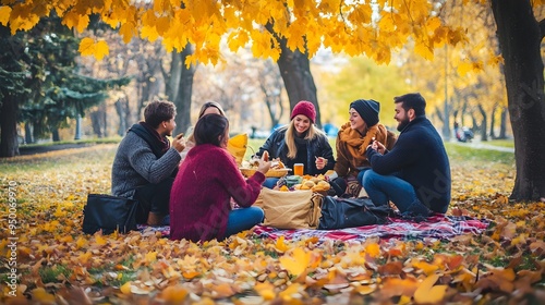 Fototapeta Naklejka Na Ścianę i Meble -  Friends enjoy a picnic in the park on a fall day.