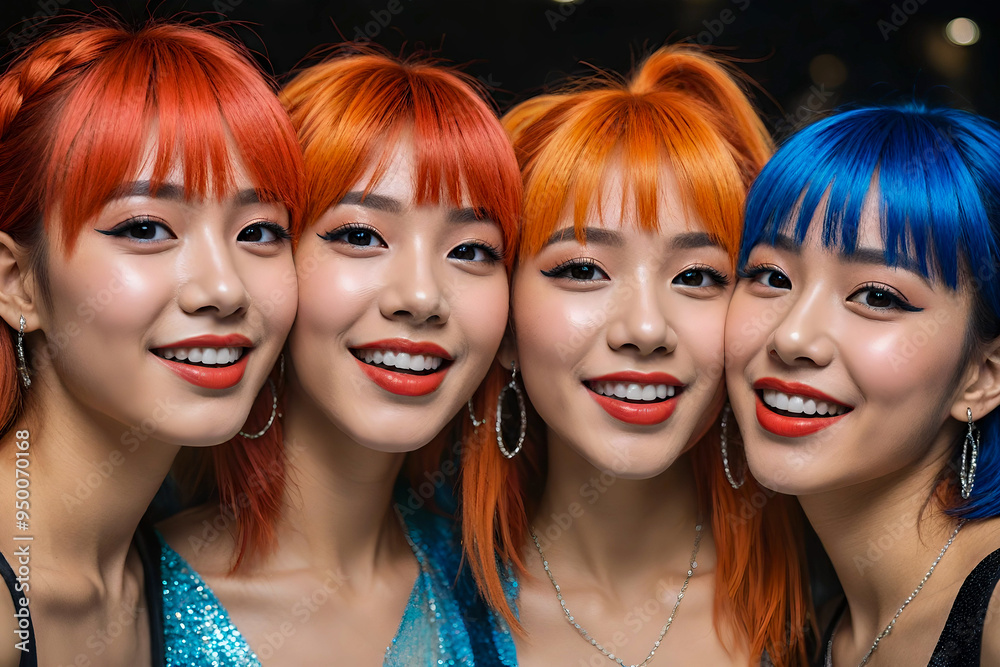 portrait of four pretty young Asian women with colorful hair.