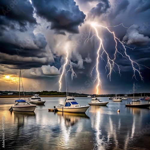 Dramatic rainstorm and lighting bombard the lake at golden hour