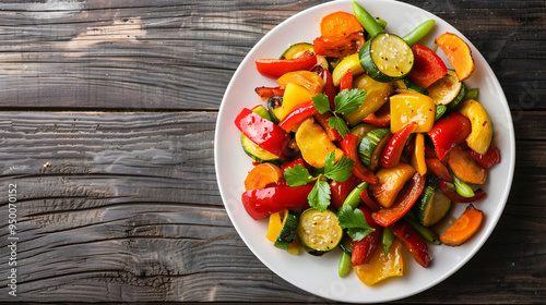 Healthy vegetarian meal: vibrant roasted vegetables on a rustic wooden background