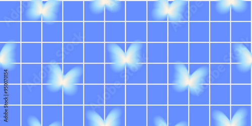 Seamless checkered pattern with aura blurred butterflies  on blue background. Bright y2k gradient illustration for textile, wrapping paper, background,  fabric, wallpaper, cover, print design. Vector