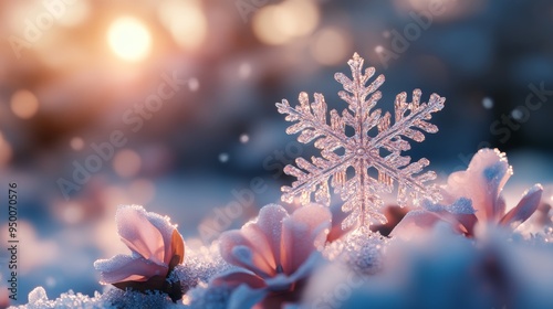 A delicate snowflake rests on soft petals, capturing the beauty of winter and spring in a magical, serene setting.