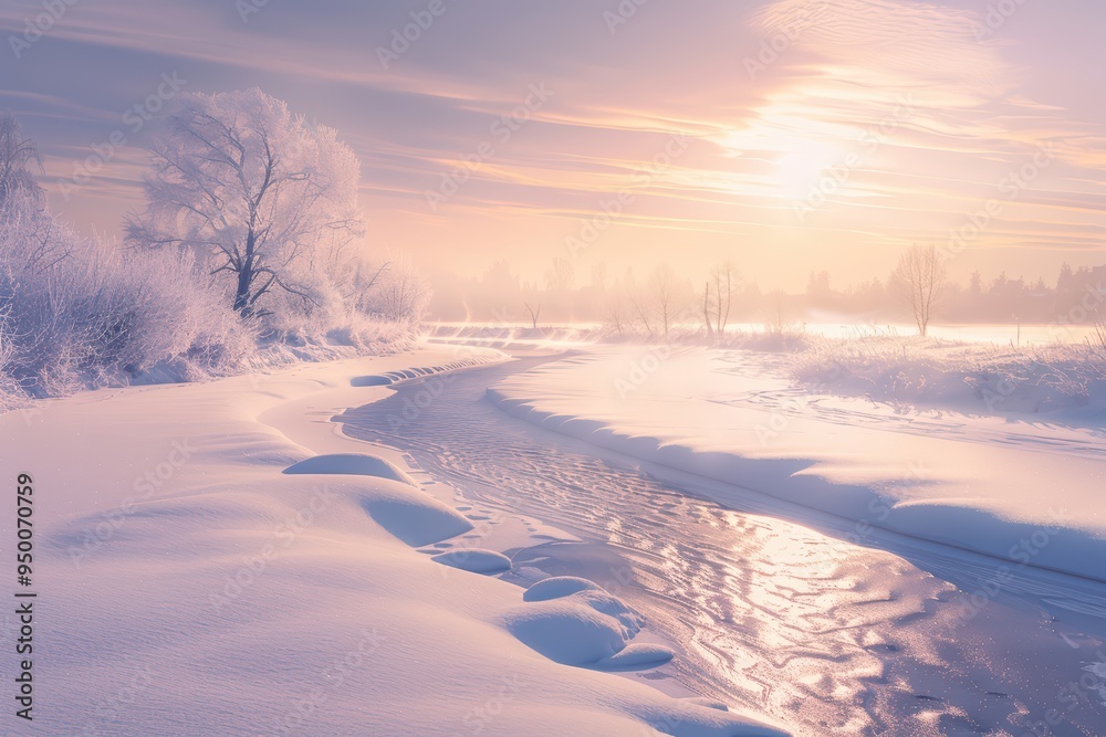 A serene winter landscape with a winding river surrounded by snow-covered trees under a pastel sunset sky. A serene winter landscape with a winding river surrounded by snow-covered trees under a pastel sunset sky.