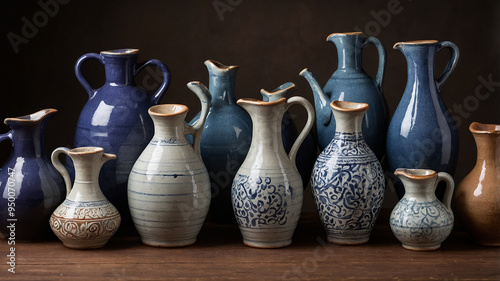 Four ceramic jugs placed on a rustic wooden surface with a dark background, showcasing their artistry.