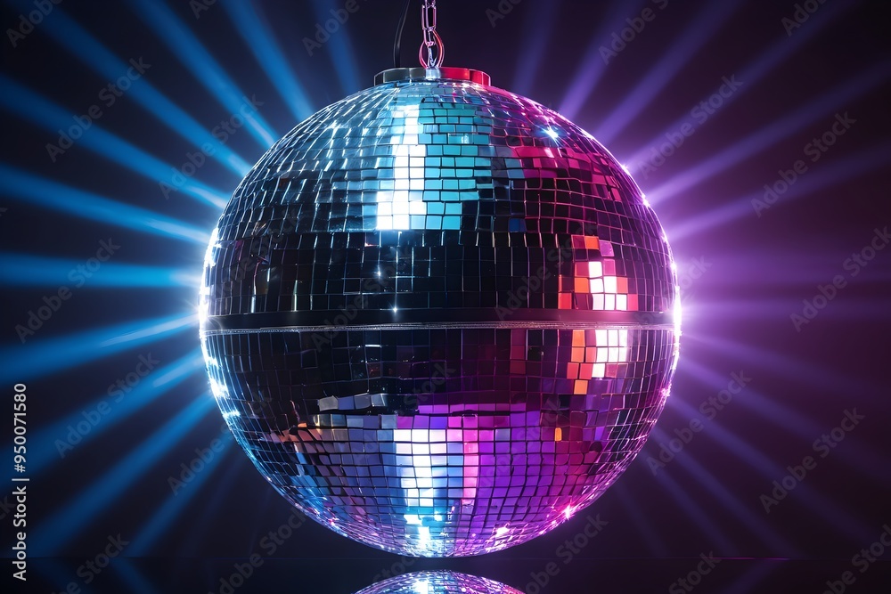 Fototapeta premium Disco ball with lights. Shiny mirror sphere reflecting bright colors for a retro dance party.