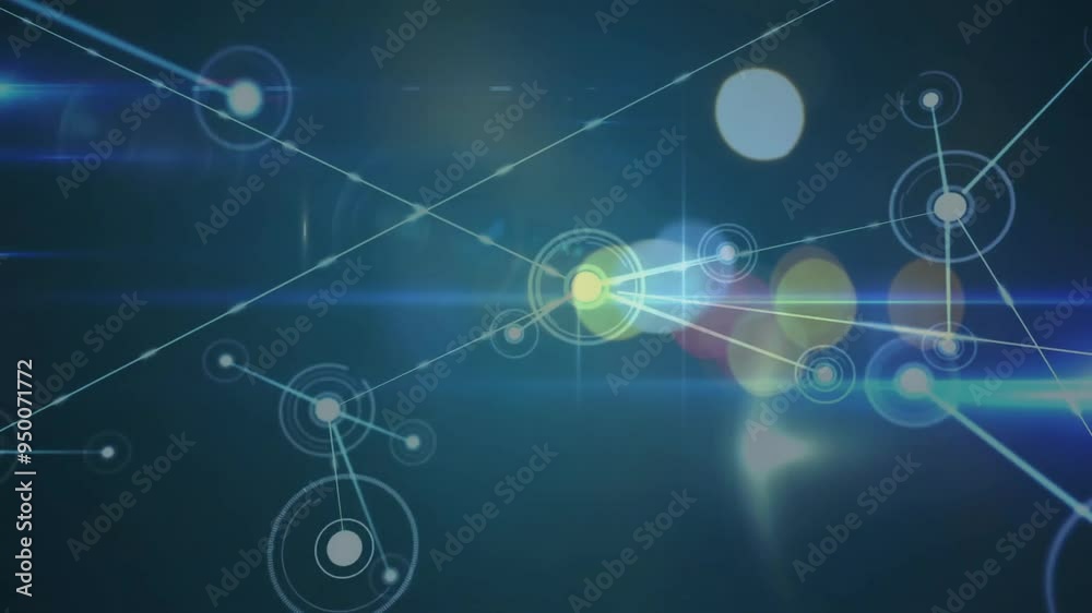Network of connections and data processing animation over blurred lights background