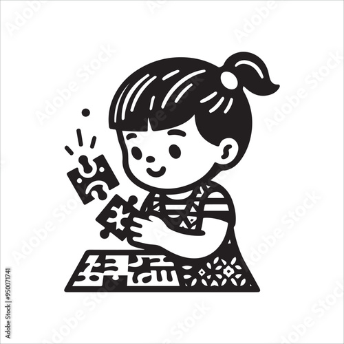 Little girl playing puzzle vector illustration silhouette