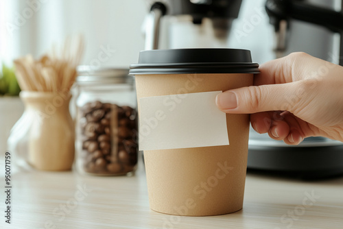 A coworker's hand places a sticky note on a coffee mug to take with him in an office. Labelling or personalising a coffee mug, empty space for text, messages, template, mockup, photo