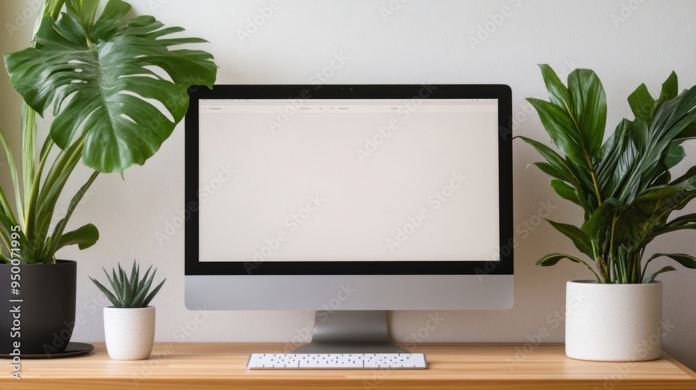 A computer monitor with a blank screen on a wooden desk, flanked by green plants, creating a fresh and modern workspace. A computer monitor with a blank screen on a wooden desk, flanked by green plants, creating a fresh and modern workspace.