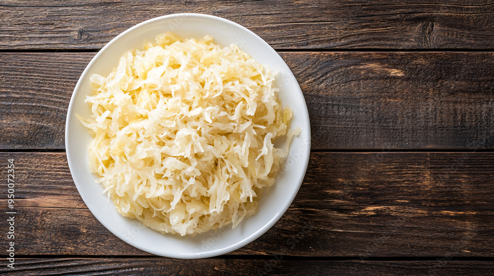 Wooden table holds a large portion of sauerkraut in a white bowl Wooden table holds a large portion of sauerkraut in a white bowl