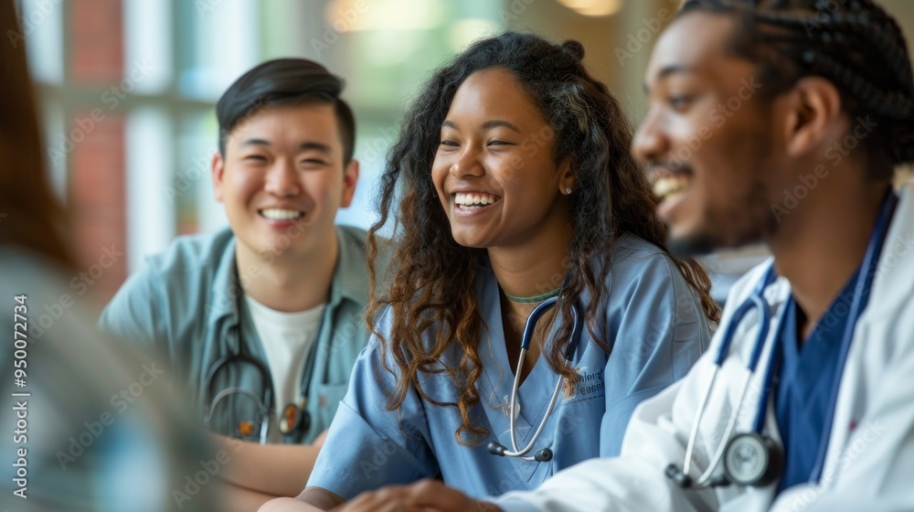 A group of people, including a woman in a blue scrubs, are smiling A group of people, including a woman in a blue scrubs, are smiling