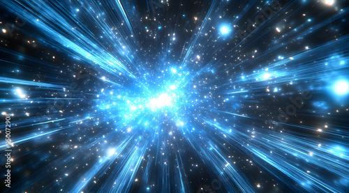 Blue Light-Speed Background with Laser Beams and Stars, 3D Render Illustrating the Concept of Futuristic Technology and Space Travel, Perfect for Depicting Sci-Fi Themes, High-Speed Motion, and Advanc