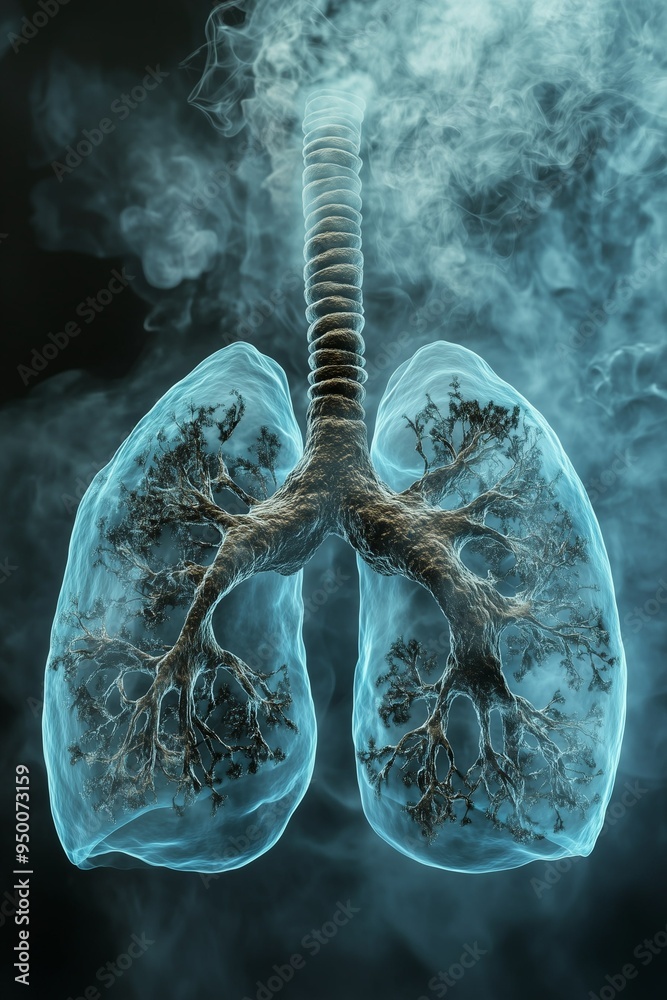 Lungs smoker. Poster with copy space for smoking prevention. Lung damage from smoke Lungs smoker. Poster with copy space for smoking prevention. Lung damage from smoke