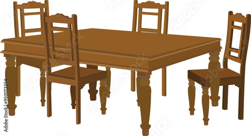 Wooden Dining table with chair with different angle isolated on white background. Dining room furniture decor including dining table and wooden chair