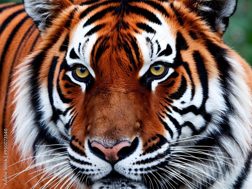 Naklejka premium Close-up detail portrait of Sumatran tiger, Panthera tigris sumatrae, rare tiger subspecies that inhabits the Indonesian island of Sumatra.