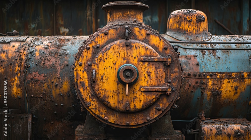 Rusty steam train details weathered metal textures and faded colors at an abandoned railway site Rusty steam train details weathered metal textures and faded colors at an abandoned railway site