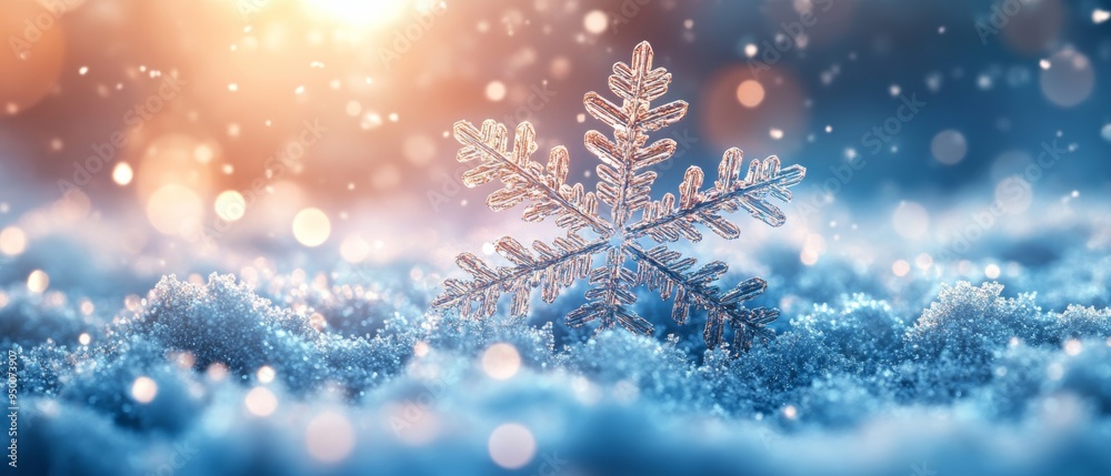 A sparkling snowflake rests gently on a blanket of soft snow, illuminated by glimmering lights in a wintery landscape. A sparkling snowflake rests gently on a blanket of soft snow, illuminated by glimmering lights in a wintery landscape.
