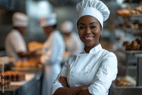 A photo of an African American female chef standing in front with her arms crossed