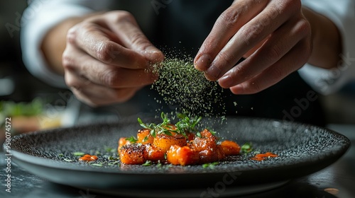 Hands, food or sprinkle on dish for fine dining, culinary school or luxury restaurant