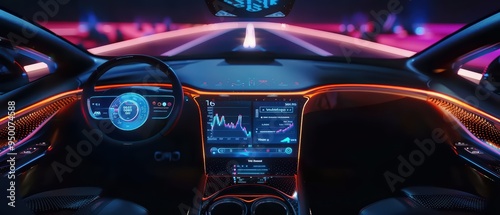 Futuristic car interior with vibrant LED lights and advanced digital display showcasing technology and innovation.