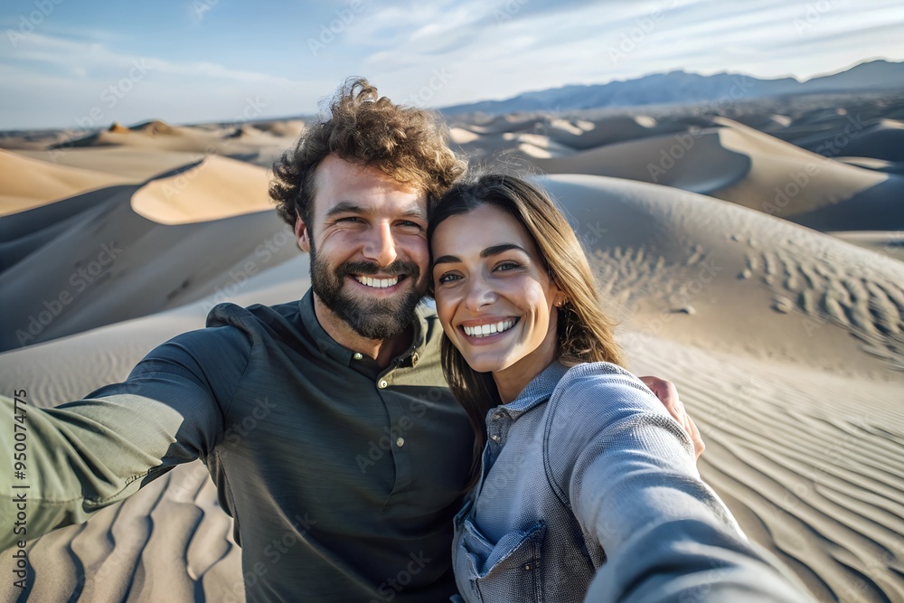 Happy couple taking a selfie on top of a giant desert sand dune at sunset - Travel, holiday and tourism concept - Models by AI generative - Focus on the faces Happy couple taking a selfie on top of a giant desert sand dune at sunset - Travel, holiday and tourism concept - Models by AI generative - Focus on the faces