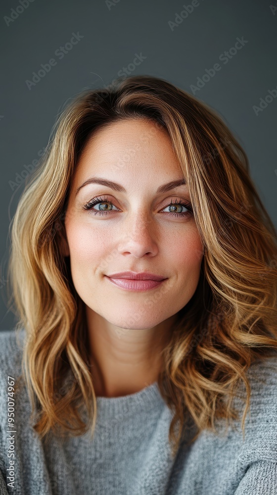 Fototapeta premium An adult woman with warm, expressive eyes making direct eye contact with the camera, smiling softly, and creating an intimate connection with the viewer