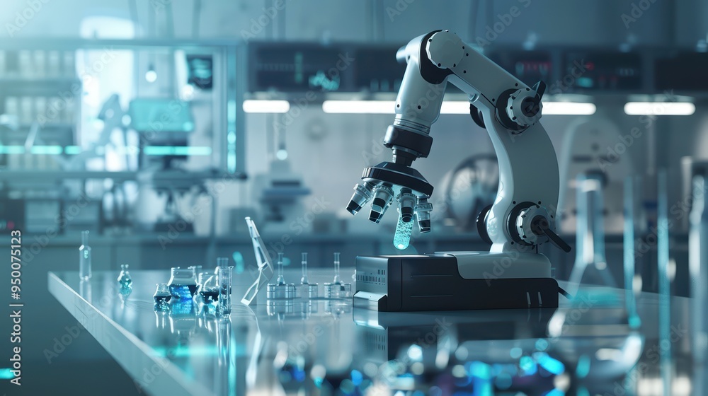 Futuristic lab featuring a robotic arm manipulating test samples, symbolizing advanced technology in science. Futuristic lab featuring a robotic arm manipulating test samples, symbolizing advanced technology in science.
