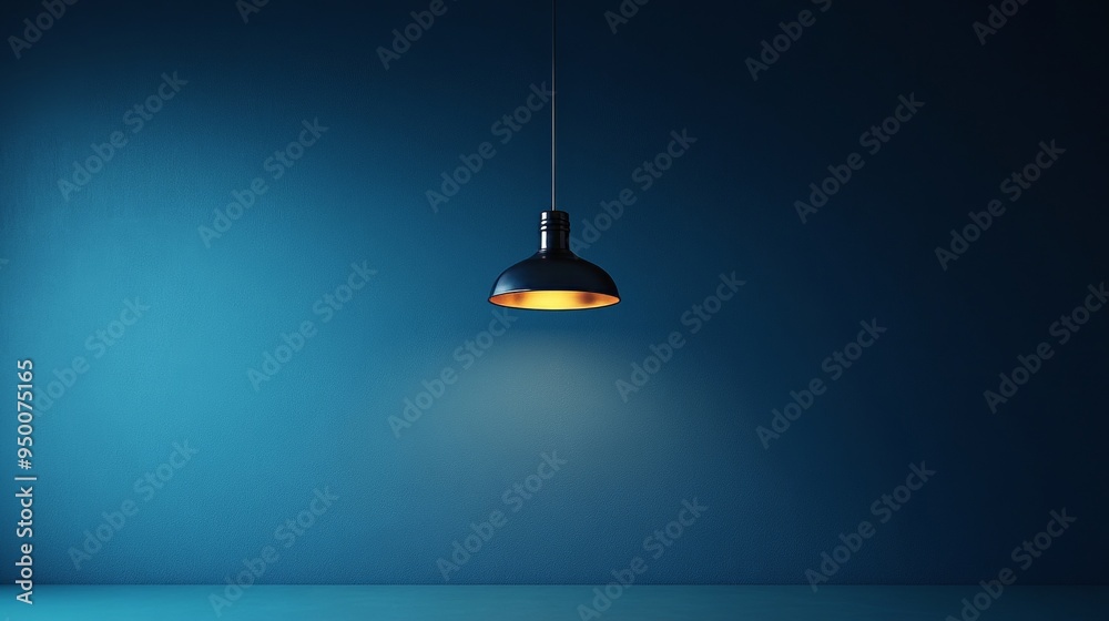 A lighted lamp is hanging from the ceiling in a room with a blue wall A lighted lamp is hanging from the ceiling in a room with a blue wall