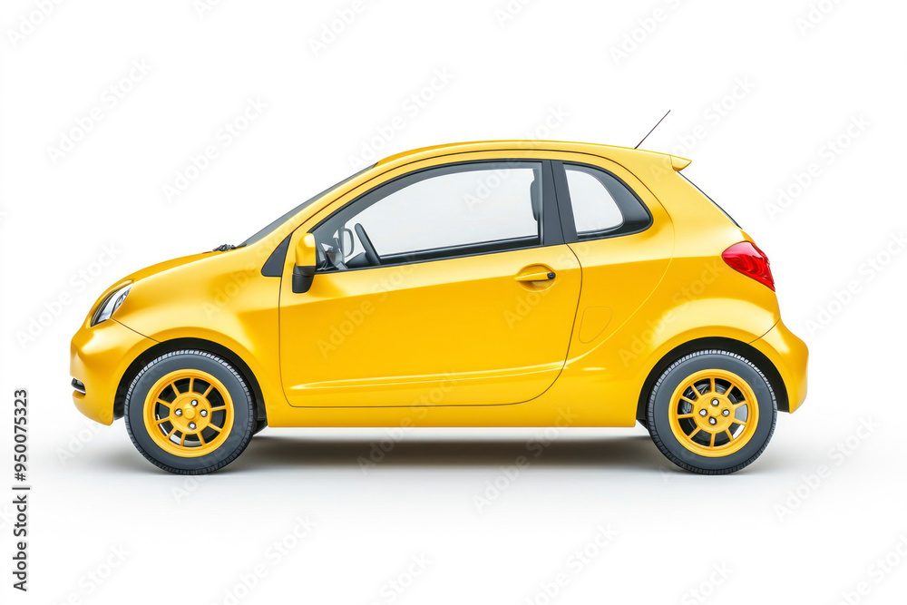 Yellow compact car, small size passenger vehicle isolated on white background. Side view. Yellow compact car, small size passenger vehicle isolated on white background. Side view.
