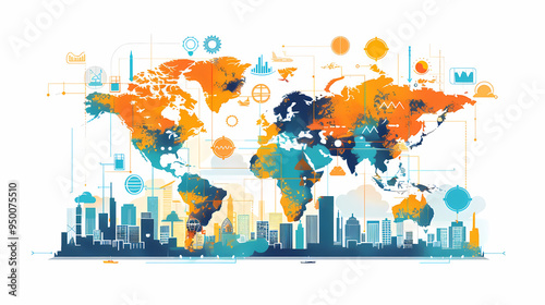 2d illustration world map abstract background.Global network connection. World map point and line composition concept of global business.