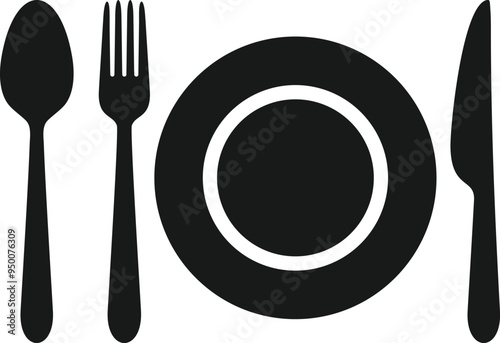 Set of dinner service icon, tableware, restaurant, cutlery icons- fork, knife, spoon, and plate - stock vector