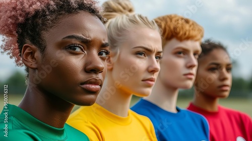 A diverse group of young athletes standing together, showcasing determination and strength in colorful sports attire.