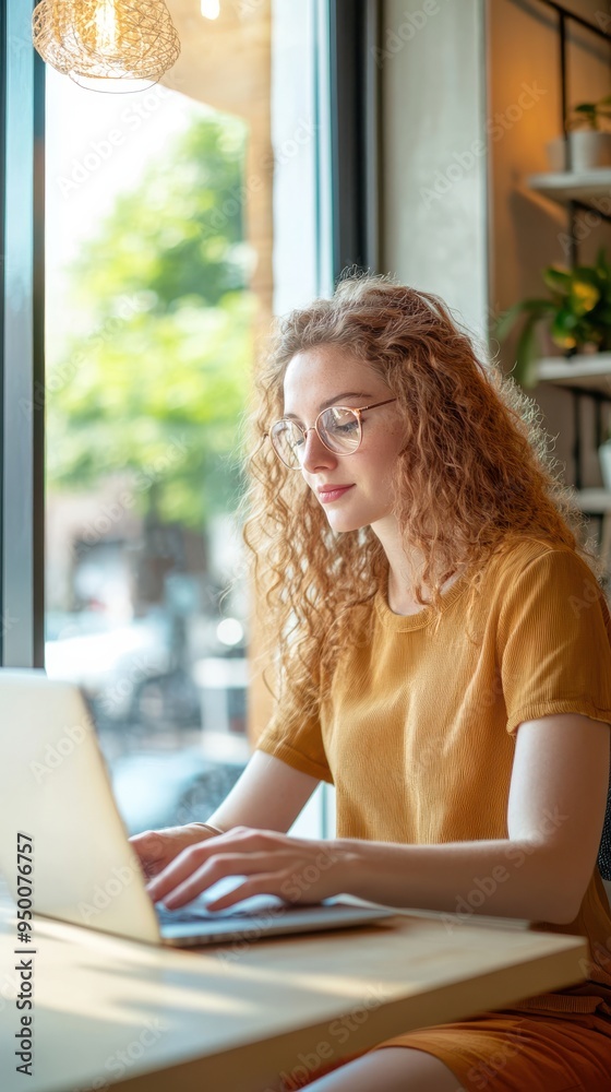 An entrepreneur in a trendy co-working space, typing on a laptop while surrounded by creative tools and resources, capturing the energy of startup culture