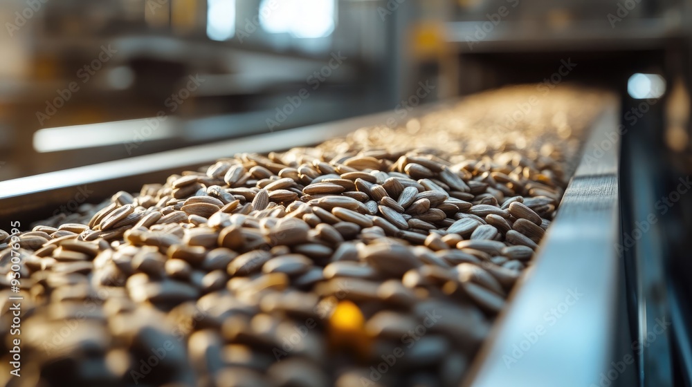 Conveyor Belt Filled with Sunflower Seeds in Food Manufacturing Facility Conveyor Belt Filled with Sunflower Seeds in Food Manufacturing Facility