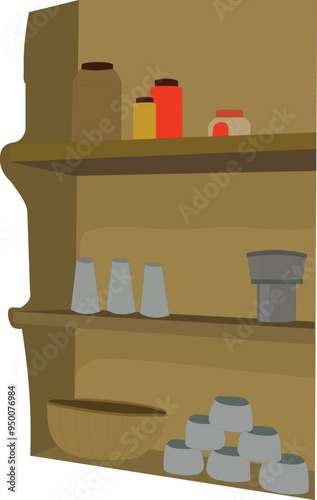 Big wall rack with kitchen wares isolated on a white background.vector illustration of a wall niche