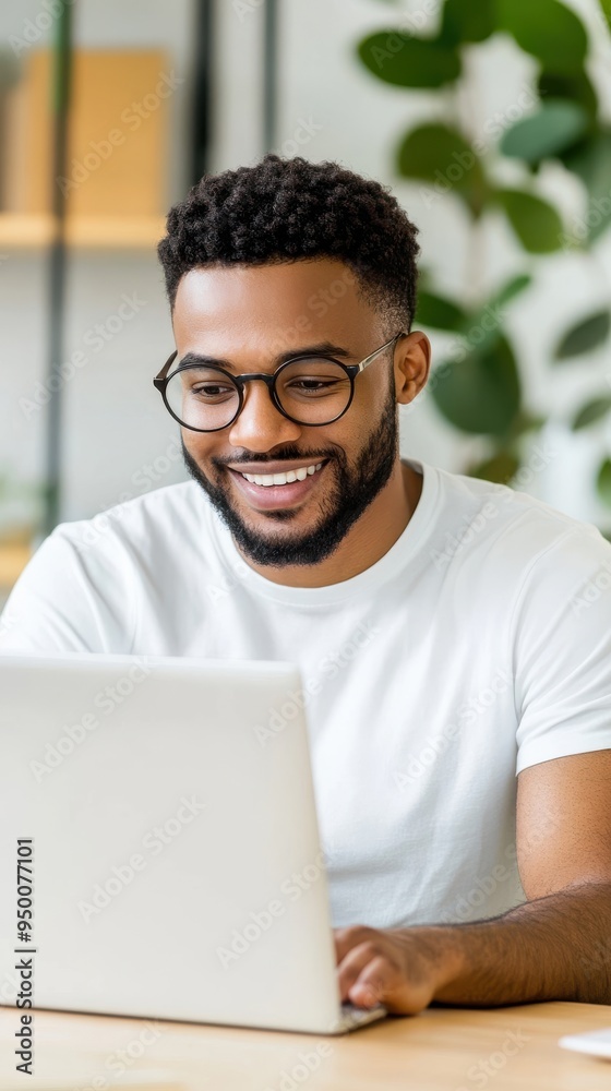 An entrepreneur working in a home office, participating in a virtual meeting on a laptop, with a clean and organized workspace that reflects a professional atmosphere An entrepreneur working in a home office, participating in a virtual meeting on a laptop, with a clean and organized workspace that reflects a professional atmosphere