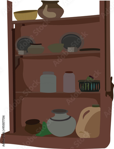 vector illustration of a village house brown wall niche with utensils.wall rack design isolated on a white background