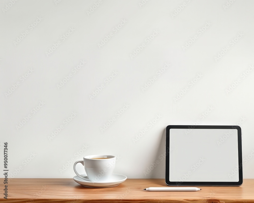 A cozy workspace featuring a tablet, a stylus, and a cup of tea on a wooden desk, isolated on a clean white background for a comfortable work-from-home environment. A cozy workspace featuring a tablet, a stylus, and a cup of tea on a wooden desk, isolated on a clean white background for a comfortable work-from-home environment.