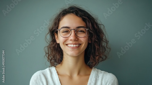 Three-quarters portrait of a woman, smiling with a pleasant expression, plain color background, inviting and friendly.