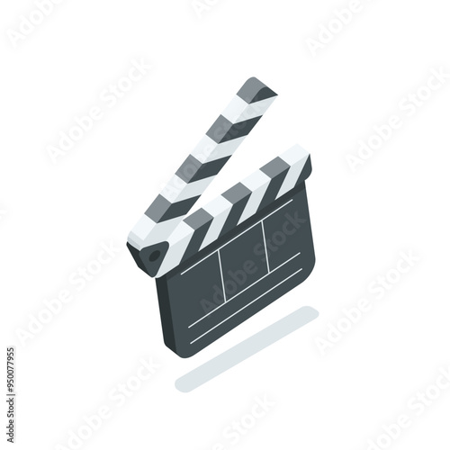 isometric vector movie clapperboard icon, in color on white background, filming clips or video