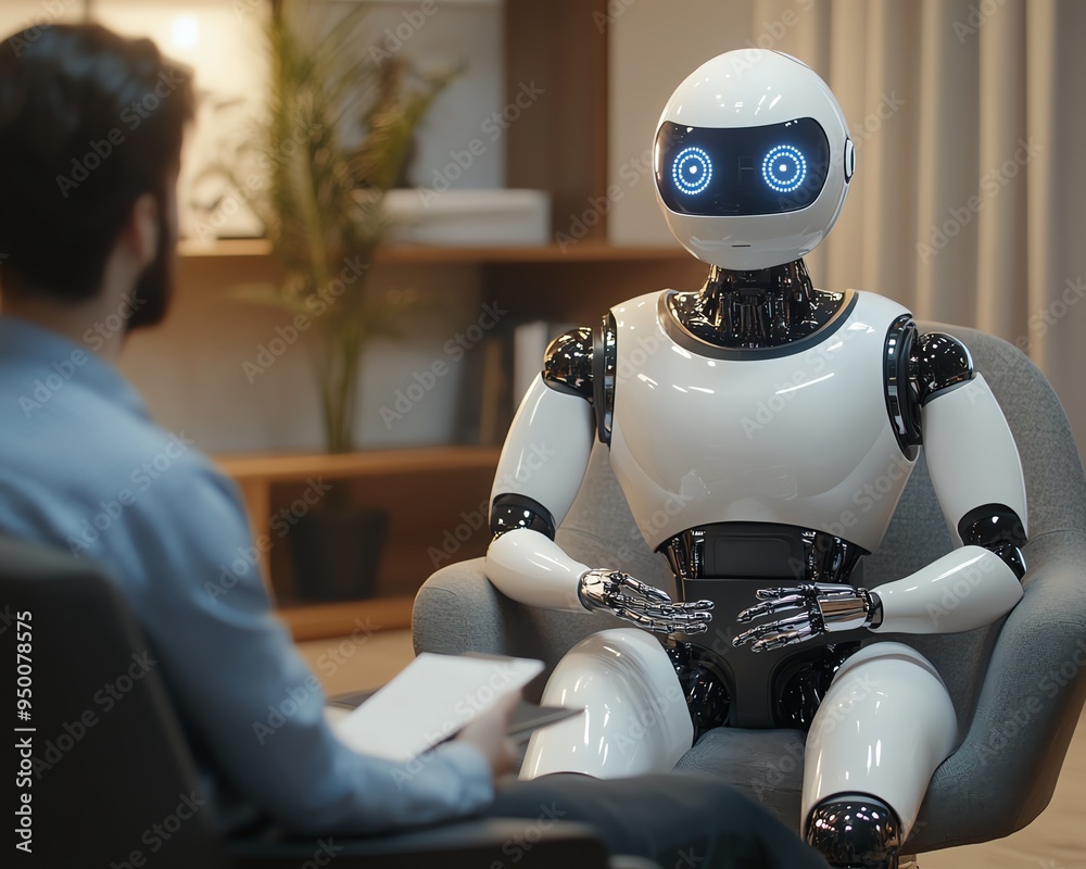Highdefinition 4K image of an interview scenario with a humanoid AI robot providing coaching to the interviewee from behind Crisp and detailed Highdefinition 4K image of an interview scenario with a humanoid AI robot providing coaching to the interviewee from behind Crisp and detailed