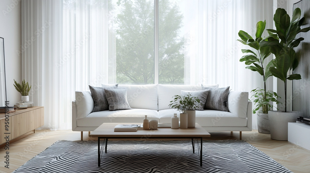 Fototapeta premium A house or apartment living room with large windows and white curtains. A photo of a white-toned minimalist Century Modern interior with a sofa and table. Generative AI 