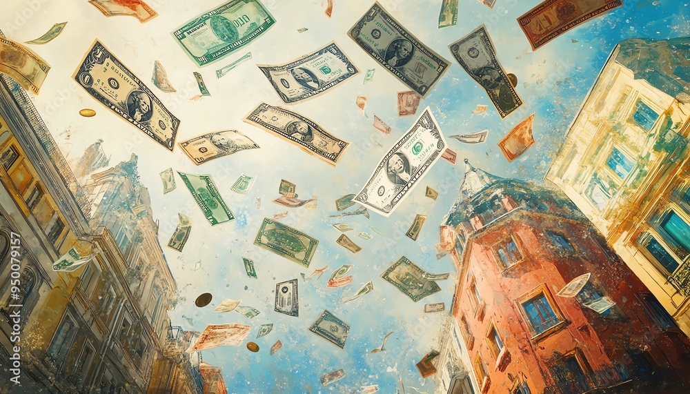 Highresolution photo of currency exchange, with various bills and coins dropping in midair Crisp, detailed, and engaging