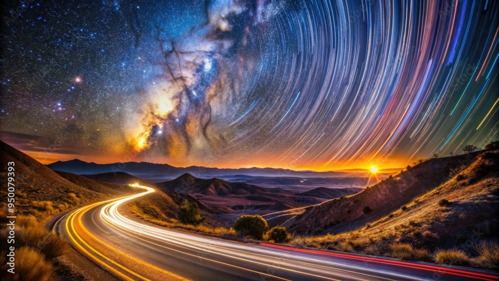 Fototapeta premium Cosmic Oasis Celestial Highway Vibrant Colors WarmTones Moody Landscape AmbientLight SlowShutter Speed Panning Mode Capturing Celestial Movement Trails